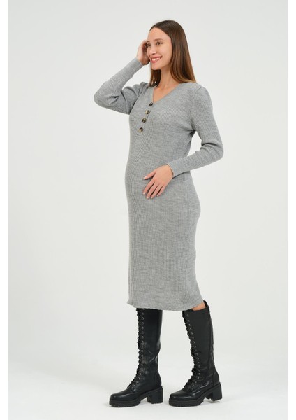Hamile Midi Boy V Yaka Düğmeli Triko Elbise Gri indirimleri