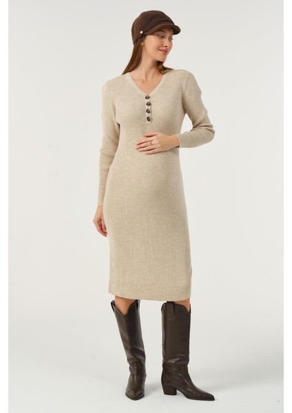 Hamile Midi Boy V Yaka Düğmeli Triko Elbise Bej
