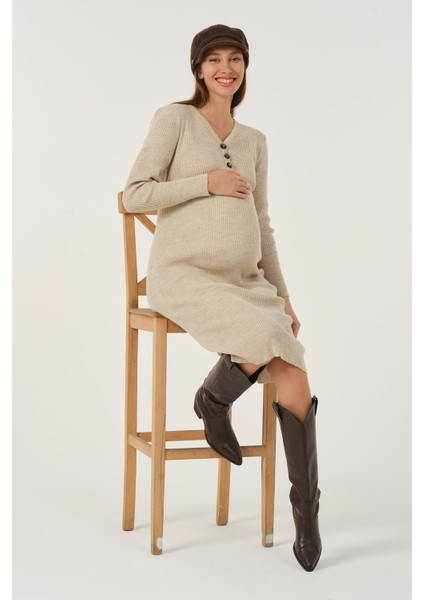 Hamile Midi Boy V Yaka Düğmeli Triko Elbise Bej fiyatları
