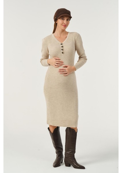 Hamile Midi Boy V Yaka Düğmeli Triko Elbise Bej fırsatları