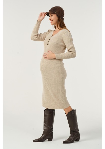 Hamile Midi Boy V Yaka Düğmeli Triko Elbise Bej indirimleri
