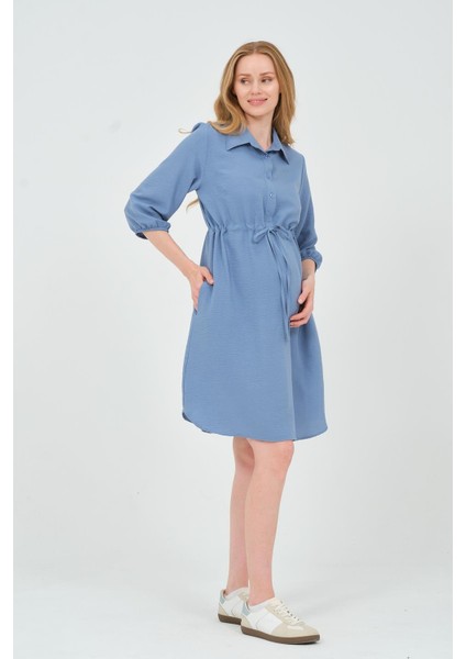 Hamile Fakir Kol Beli Bağcıklı Ara Boy Elbise Indigo fiyatları