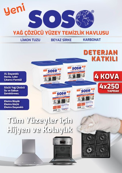 4 Adet x 250 Yaprak - Soso Özel Formüllü Kova Yağ Çözücü Yüzey Temizleme Mendili Gnzrz
