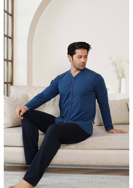 Erkek V Yaka Önden Düğmeli Pamuk Likra Mevsimlik Uzun Kol Cepli Pijama Takımı fiyatları