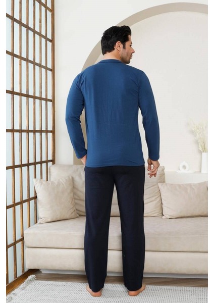 Erkek V Yaka Önden Düğmeli Pamuk Likra Mevsimlik Uzun Kol Cepli Pijama Takımı fırsatları