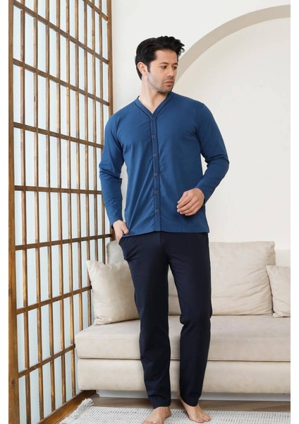 Erkek V Yaka Önden Düğmeli Pamuk Likra Mevsimlik Uzun Kol Cepli Pijama Takımı indirimleri