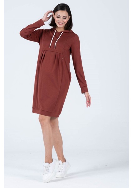 Hamile Çelik Örme Emzirme Detaylı Kapüşonlu Elbise Kahverengi