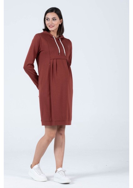 Hamile Çelik Örme Emzirme Detaylı Kapüşonlu Elbise Kahverengi modelleri