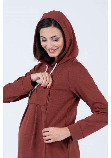 Hamile Çelik Örme Emzirme Detaylı Kapüşonlu Elbise Kahverengi fırsatları