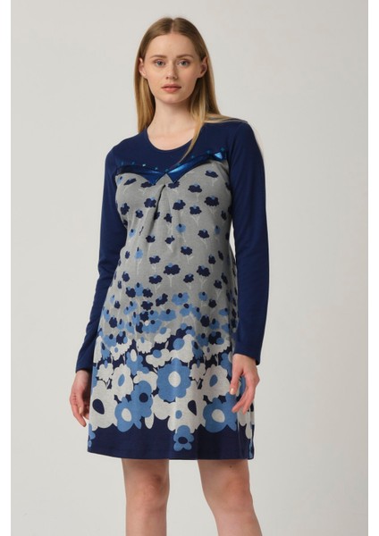 Hamile Çiçek Desenli Uzun Kol Mini Elbise Mavi