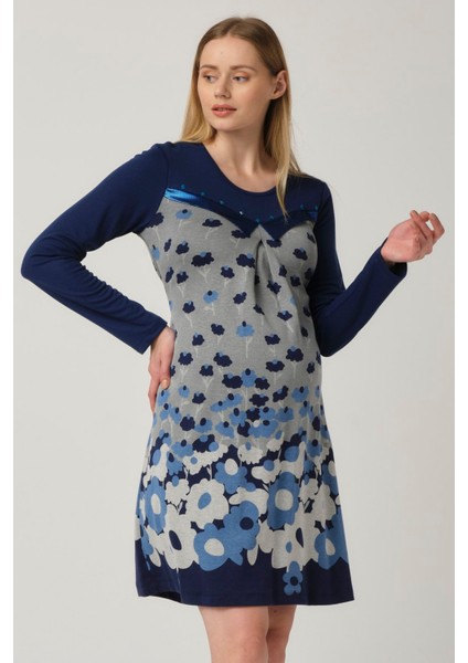 Hamile Çiçek Desenli Uzun Kol Mini Elbise Mavi modelleri
