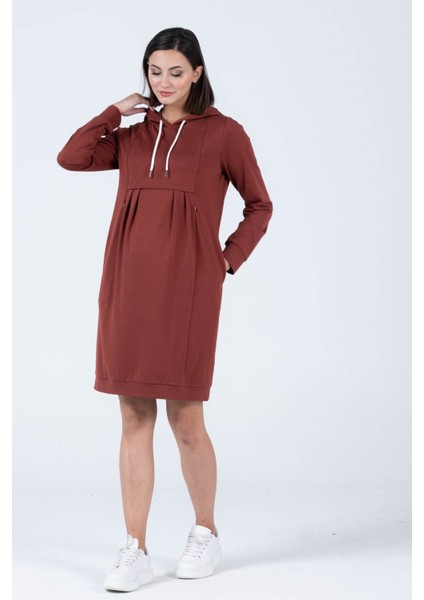 Hamile Çelik Örme Emzirme Detaylı Kapüşonlu Elbise Kahverengi fiyatları