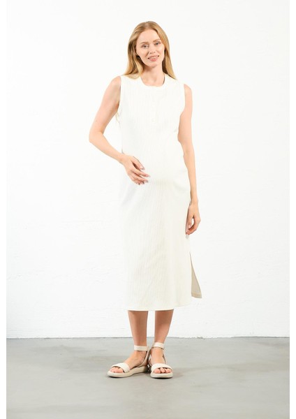 Hamile Midi Boy Yandan Yırtmaçlı Sıfır Kol Fitilli Elbise Beyaz