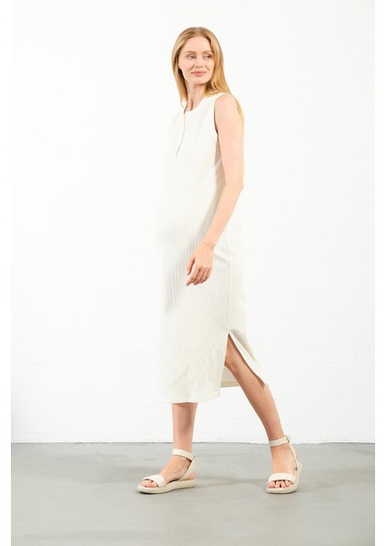 Hamile Midi Boy Yandan Yırtmaçlı Sıfır Kol Fitilli Elbise Beyaz fiyatları