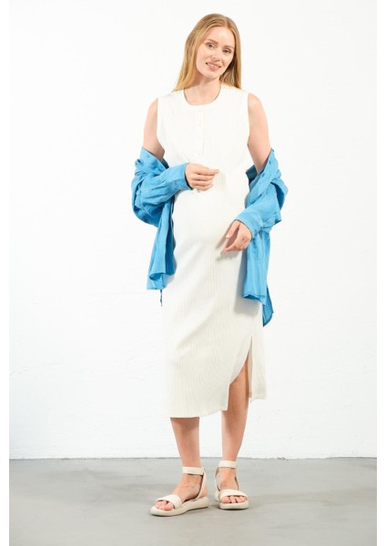 Hamile Midi Boy Yandan Yırtmaçlı Sıfır Kol Fitilli Elbise Beyaz modelleri