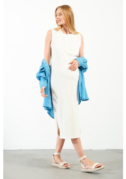 Hamile Midi Boy Yandan Yırtmaçlı Sıfır Kol Fitilli Elbise Beyaz fırsatları