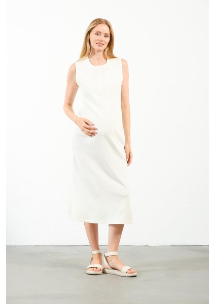 Hamile Midi Boy Yandan Yırtmaçlı Sıfır Kol Fitilli Elbise Beyaz indirimleri