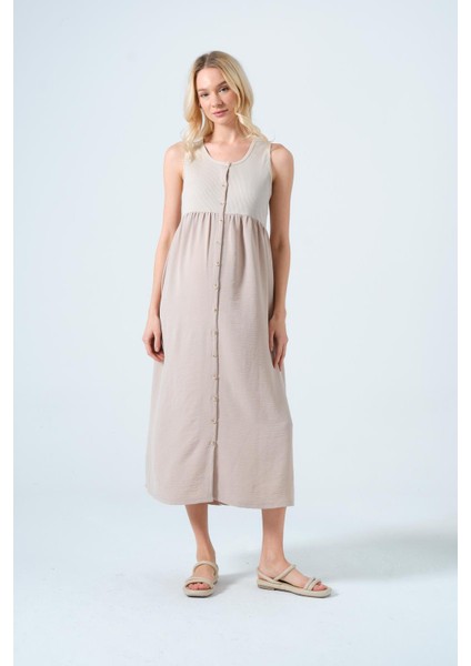 Hamile Sıfır Kol Yandan Cepli Midi Boy Keten Elbise Bej