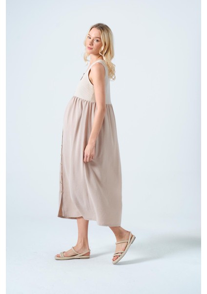 Hamile Sıfır Kol Yandan Cepli Midi Boy Keten Elbise Bej fiyatları