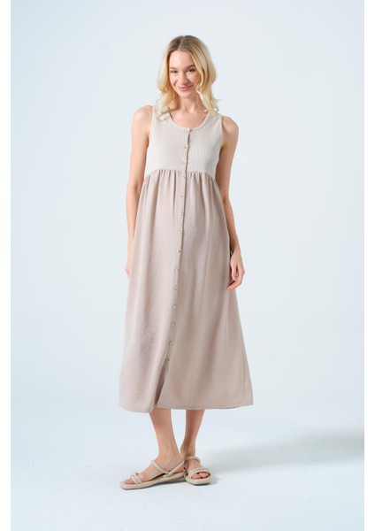 Hamile Sıfır Kol Yandan Cepli Midi Boy Keten Elbise Bej modelleri