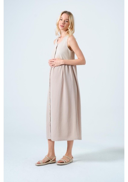 Hamile Sıfır Kol Yandan Cepli Midi Boy Keten Elbise Bej fırsatları