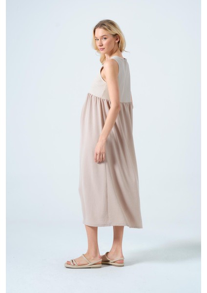 Hamile Sıfır Kol Yandan Cepli Midi Boy Keten Elbise Bej indirimleri