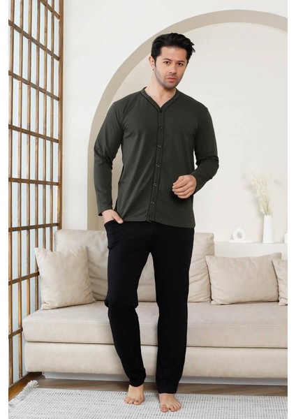 Erkek V Yaka Önden Düğmeli Pamuk Likra Mevsimlik Uzun Kol Cepli Pijama Takımı