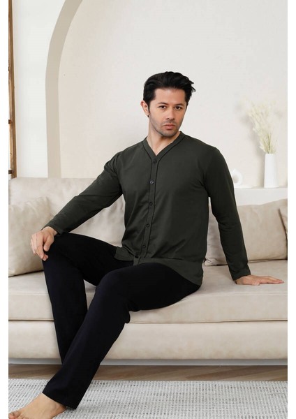 Erkek V Yaka Önden Düğmeli Pamuk Likra Mevsimlik Uzun Kol Cepli Pijama Takımı fiyatları