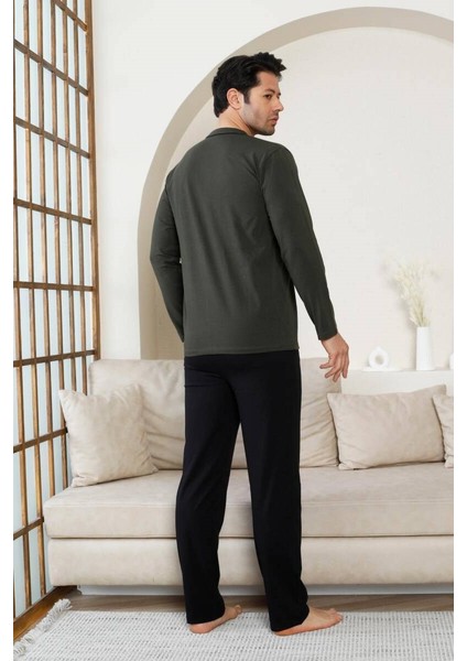 Erkek V Yaka Önden Düğmeli Pamuk Likra Mevsimlik Uzun Kol Cepli Pijama Takımı fırsatları