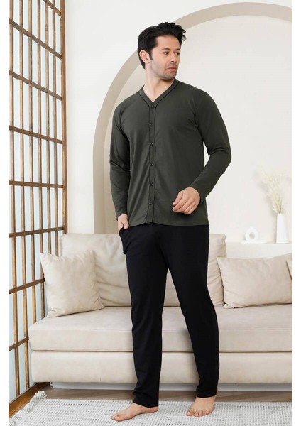 Erkek V Yaka Önden Düğmeli Pamuk Likra Mevsimlik Uzun Kol Cepli Pijama Takımı indirimleri