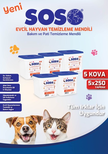 5 Adet x 250 Yaprak - Soso Kova Evcil Hayvan Kedi Köpek Pati ve Vücut Temizleme Mendili Gnzrz