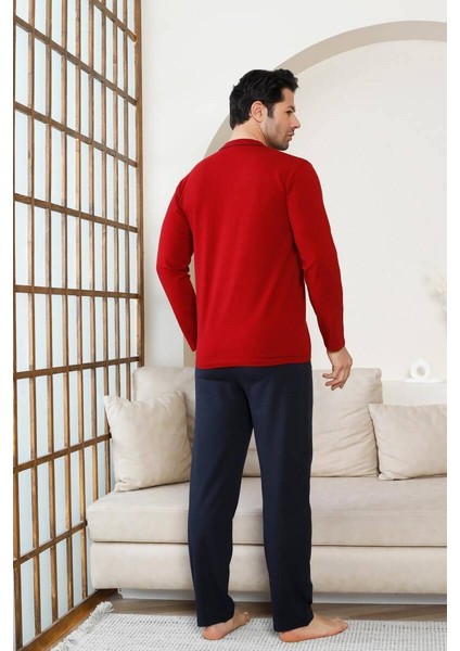 Erkek V Yaka Önden Düğmeli Pamuk Likra Mevsimlik Uzun Kol Cepli Pijama Takımı fiyatları
