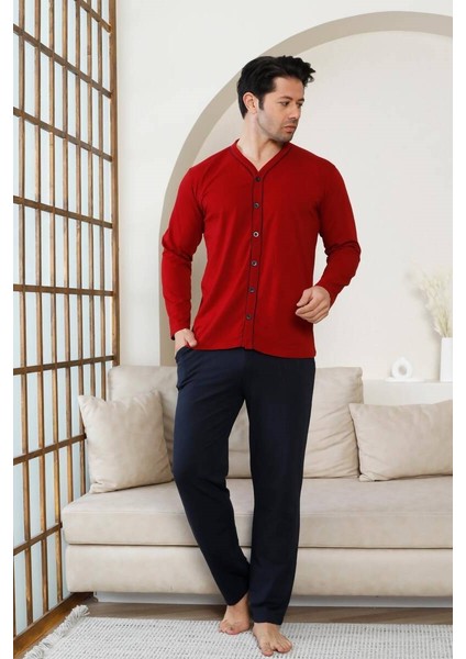 Erkek V Yaka Önden Düğmeli Pamuk Likra Mevsimlik Uzun Kol Cepli Pijama Takımı modelleri