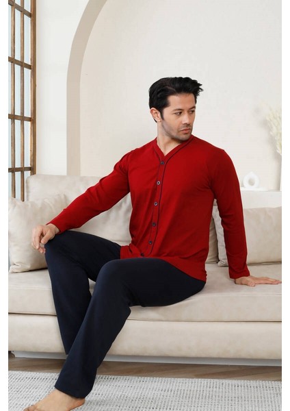 Erkek V Yaka Önden Düğmeli Pamuk Likra Mevsimlik Uzun Kol Cepli Pijama Takımı fırsatları