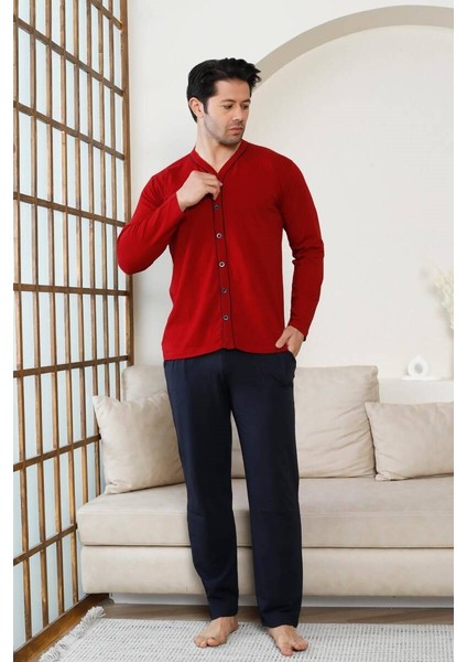 Erkek V Yaka Önden Düğmeli Pamuk Likra Mevsimlik Uzun Kol Cepli Pijama Takımı indirimleri