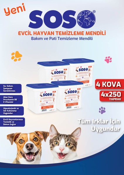 4 Adet x 250 Yaprak - Soso Kova Evcil Hayvan Kedi Köpek Pati ve Vücut Temizleme Mendili Gnzrz