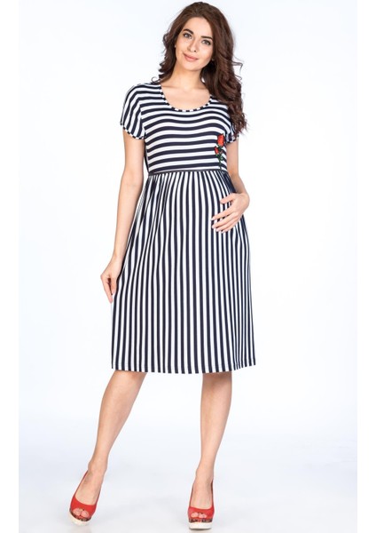 Hamile Kısa Kollu Çizgili Elbise Lacivert