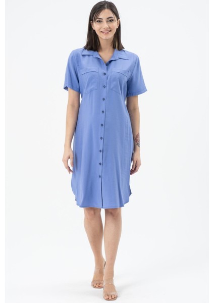 Hamile Arkası Lastikli Önden Düğmeli Kısa Kollu Midi Boy Elbise Mor