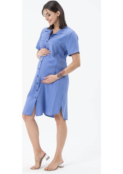 Hamile Arkası Lastikli Önden Düğmeli Kısa Kollu Midi Boy Elbise Mor fiyatları