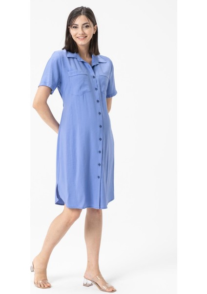 Hamile Arkası Lastikli Önden Düğmeli Kısa Kollu Midi Boy Elbise Mor modelleri