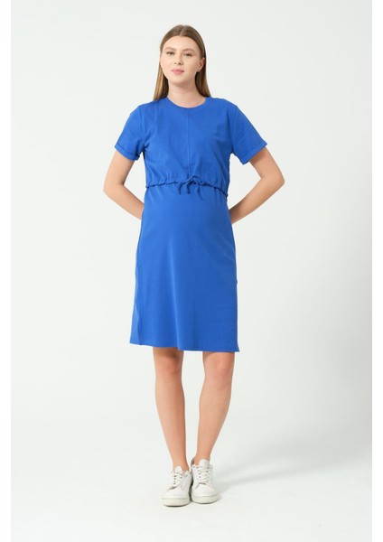 Hamile Emzirme Detaylı Önden Bağcıklı Yan Yırtmaçlı Kısa Kollu Elbise Saks fırsatları