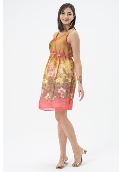 Hamile Sıfır Kol Midi Boy Şifon Elbise Pembe