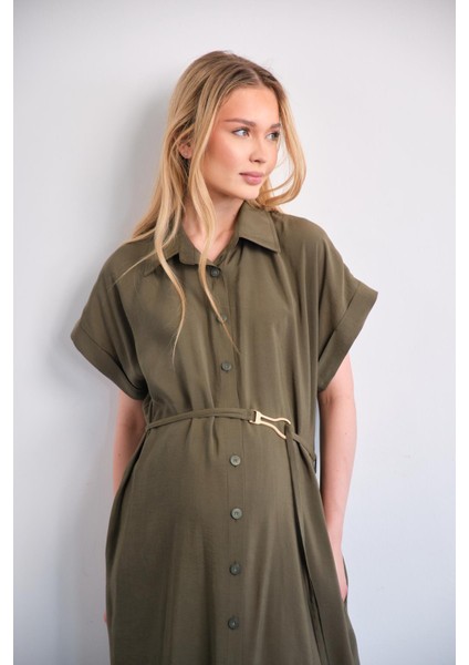 Hamile Midi Boy Elbise Haki Renk Kısa Kollu Günlük ve Özel Gün Kullanımı