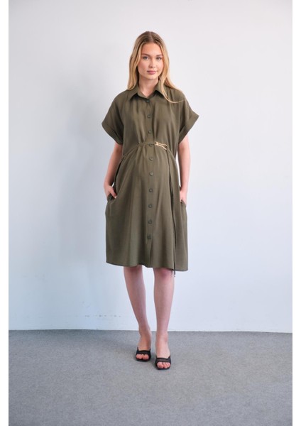 Hamile Midi Boy Elbise Haki Renk Kısa Kollu Günlük ve Özel Gün Kullanımı fırsatları