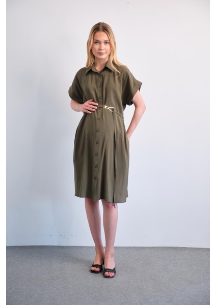 Hamile Midi Boy Elbise Haki Renk Kısa Kollu Günlük ve Özel Gün Kullanımı indirimleri