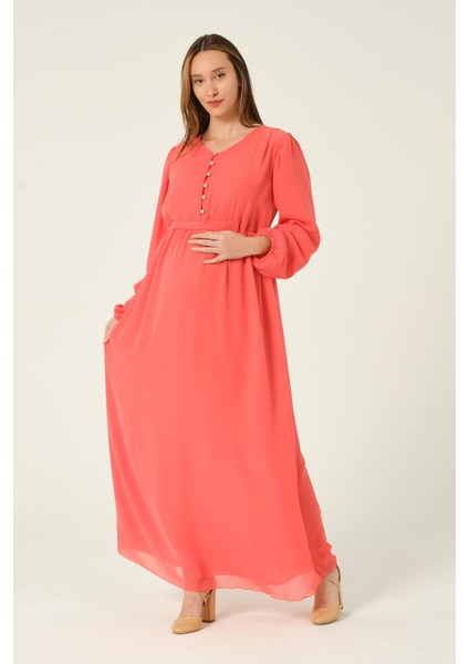 Hamile Beli Bağcıklı Şifon Maxi Boy Tesettür Elbise Narçiçeği fiyatları