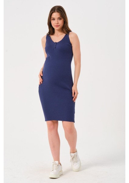 Sıfır Kol Midi Boy Ince Triko Elbise Lacivert modelleri