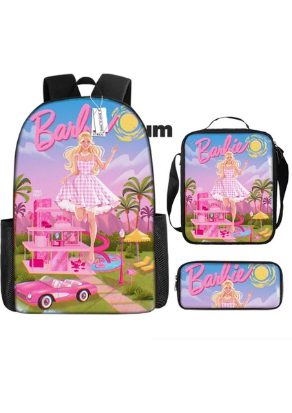 Barbie Prenses Okul Çantası 3 Parça Set Pembe Bie Kız Okul Çantası Büyük Kapasiteli Öğrenci (Yurt Dışından)