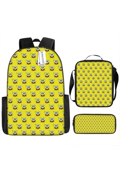 Sünger Bob Kare Pantolon Çocuk Okul Çantası Erkek ve Kadın Öğrenciler Omuz Çantası Anaokulu Sevimli Karikatür Kalem Çantası Crossbody Çanta Üç Set (Yurt Dışından)