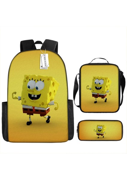 Sünger Bob Kare Pantolon Çocuk Okul Çantası Erkek ve Kadın Öğrenciler Omuz Çantası Anaokulu Sevimli Karikatür Kalem Çantası Crossbody Çanta Üç Set (Yurt Dışından)